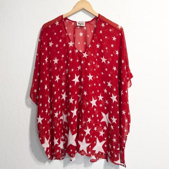 Show Me Your Mumu Tunic Small Peta Red White Stars Coverup V Neck Oversized - Picture 1 of 5